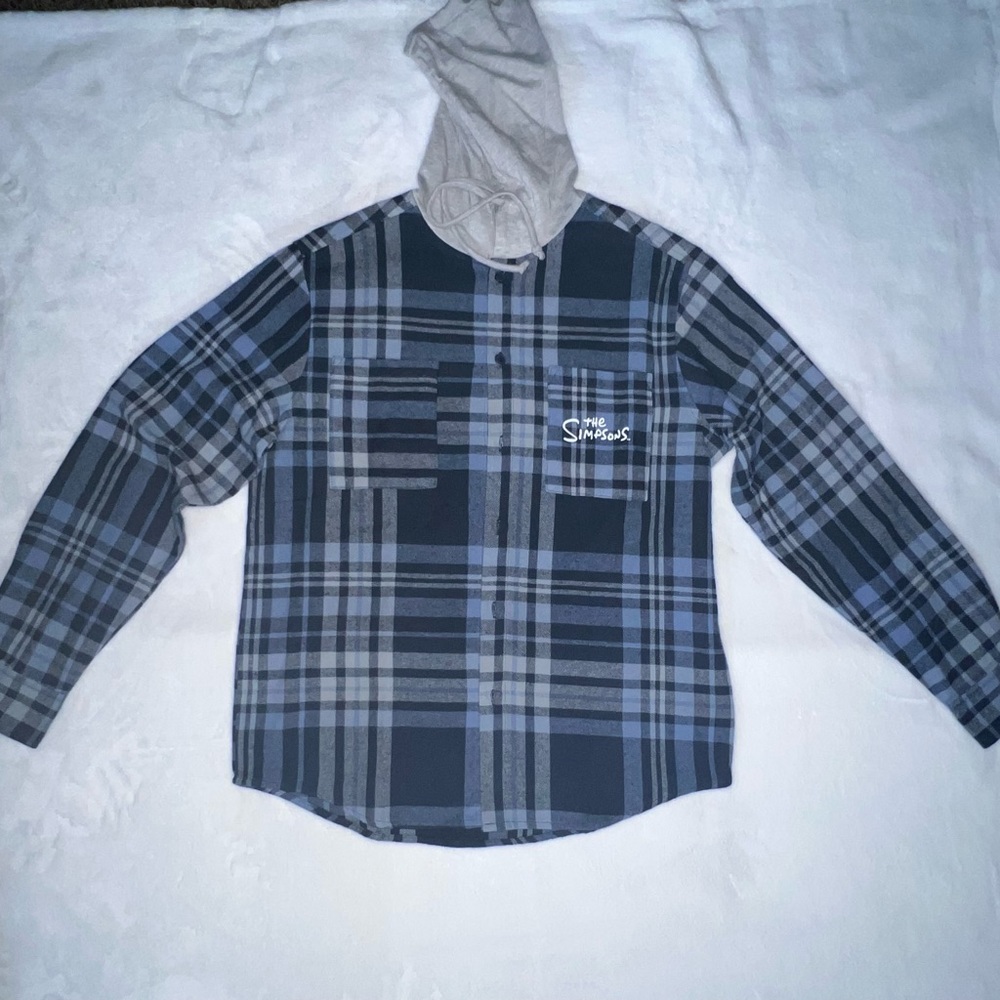 Blue striped long sleeved hooded shirt for men with The Simpsons designs